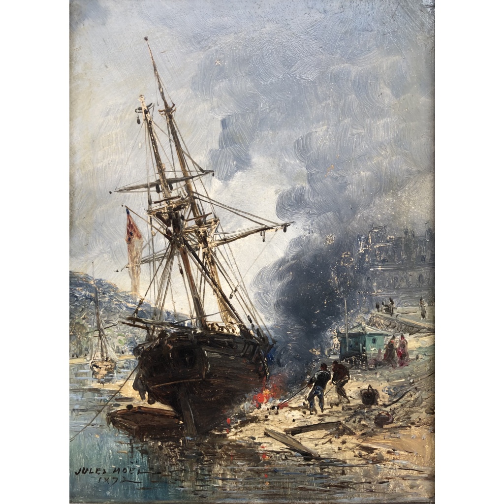 NOEL Jules Voilier en cale 1872 Huile Sur panneau Signée Datée Certificat d’Authenticité 5