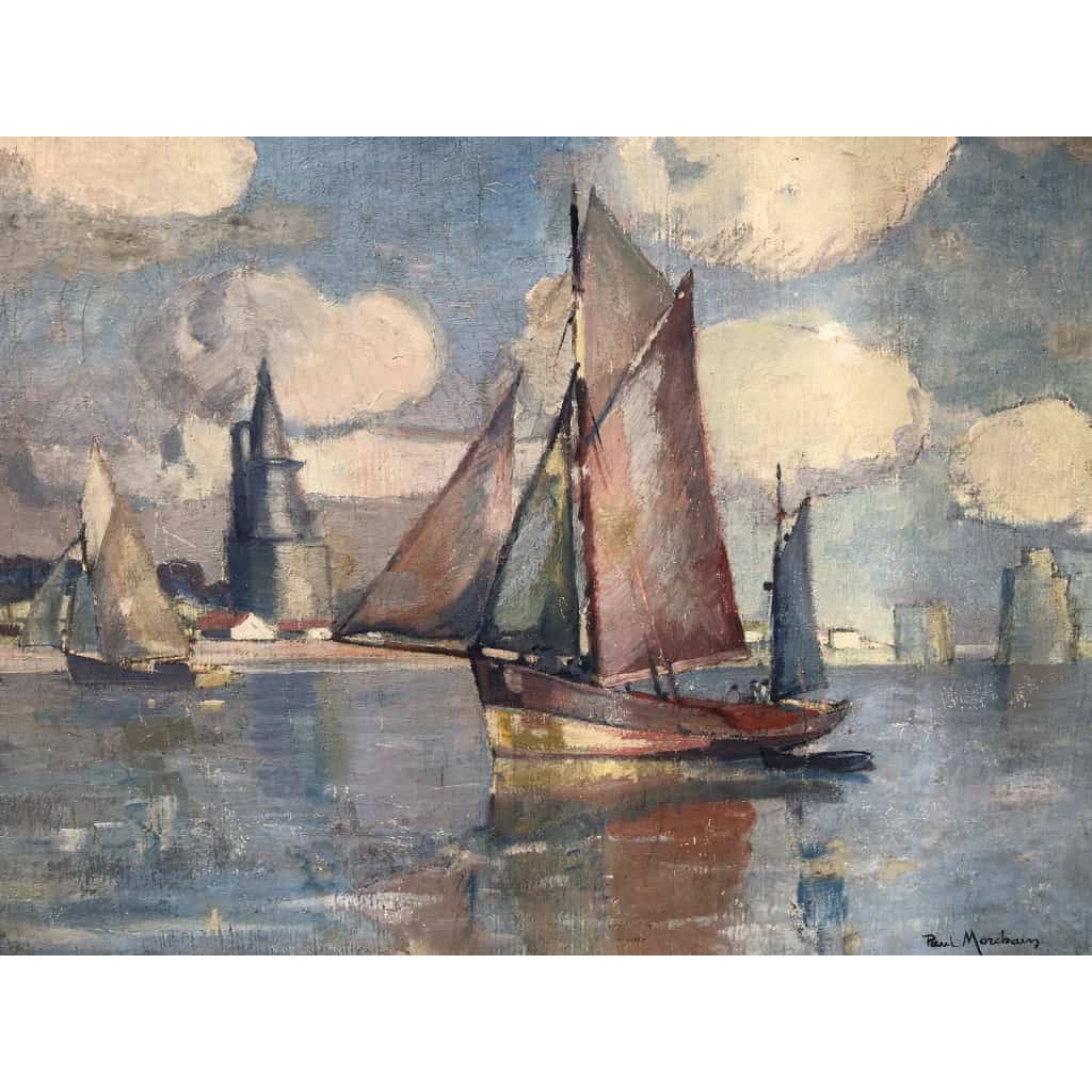 Morchain Paul Peinture 20è Bateaux De Pêche Sortant Du Port De La Rochelle Huile Signée Certificat 4