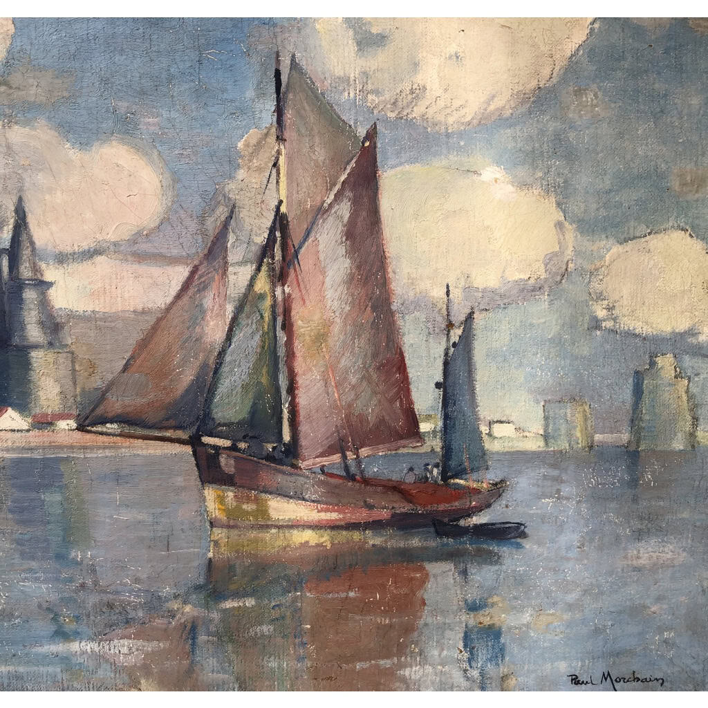 Morchain Paul Peinture 20è Bateaux De Pêche Sortant Du Port De La Rochelle Huile Signée Certificat 6