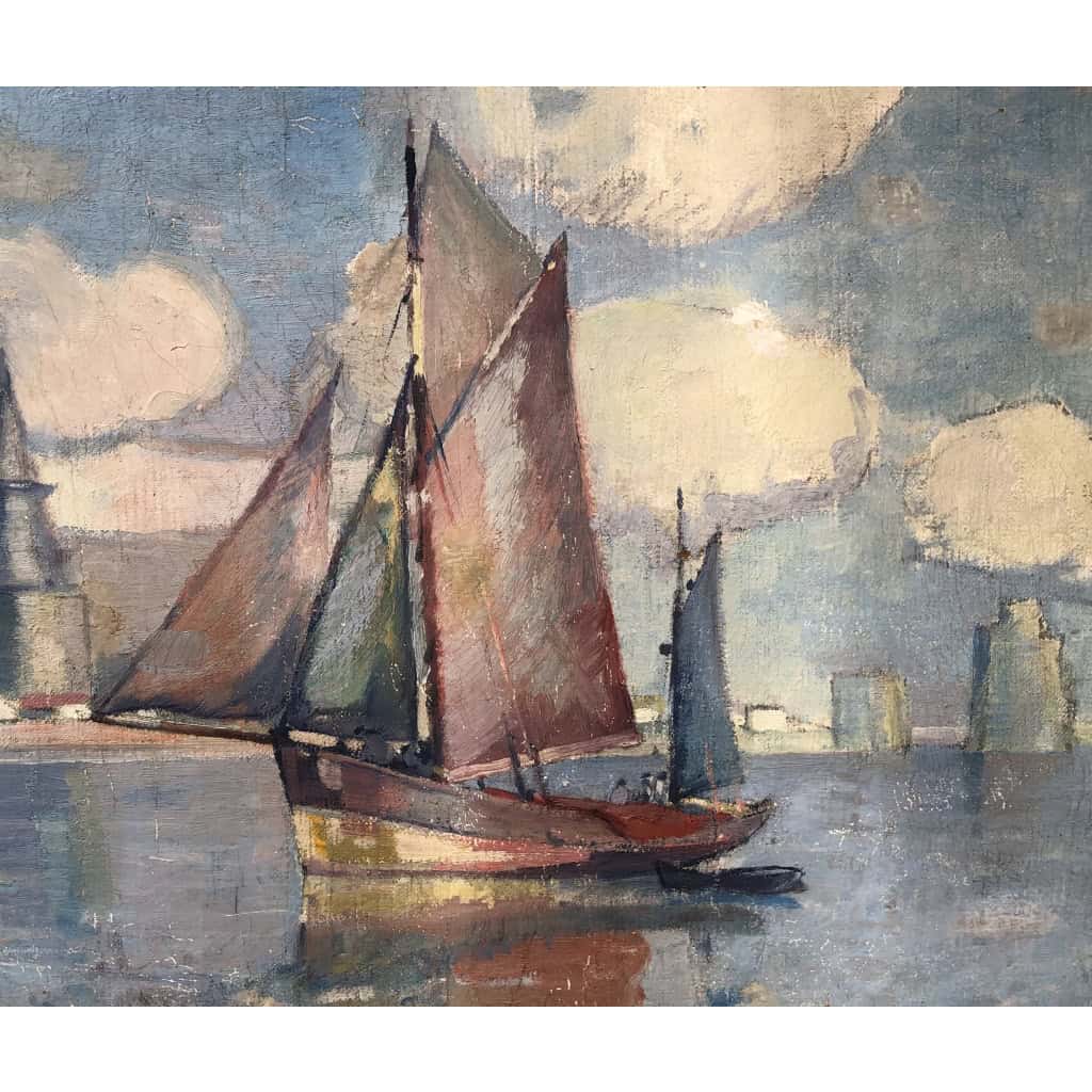 Morchain Paul Peinture 20è Bateaux De Pêche Sortant Du Port De La Rochelle Huile Signée Certificat 8