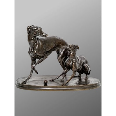 Groupe En Bronze « Deux Levrettes Jouant à La Boule » , Pierre-jules Mêne (1810-1879)