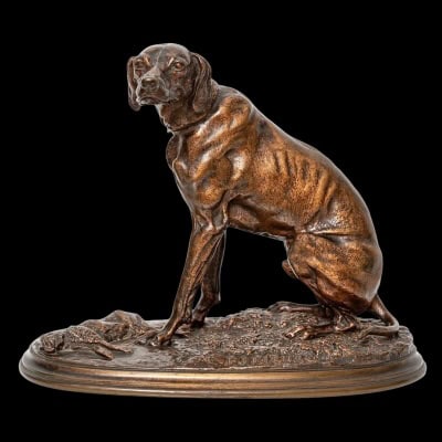 Sculpture – Chien Braque Gardant Un Lapin Par Pierre – Jules Mêne ( 1810-1879) – Bronze