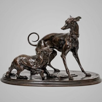Sculpture – Groupe Lévrier Et King – Charles Pierre – Jules Mêne (1810-1879) – Bronze