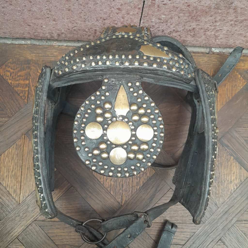 Casque de parade de cheval de cirque (ou éléphanteau), XIXÈME, cuir clouté laiton 5