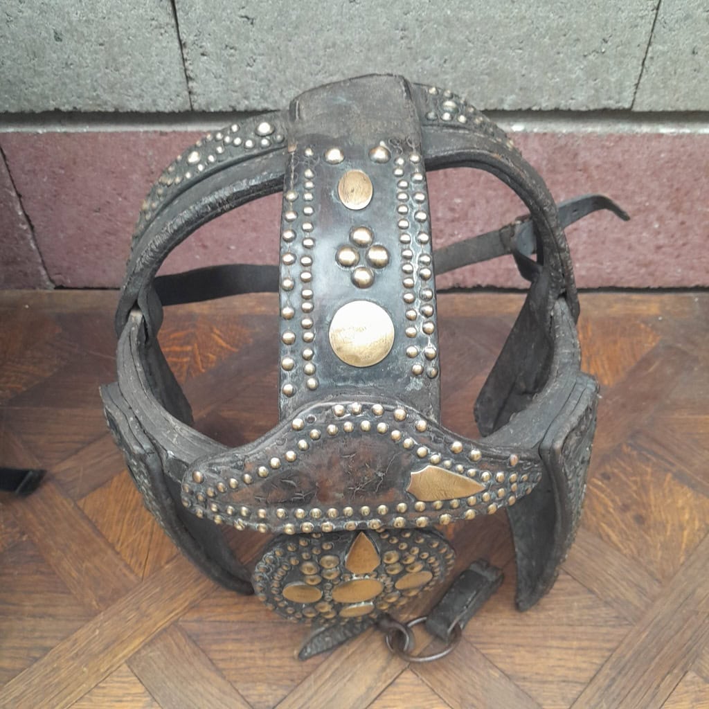 Casque de parade de cheval de cirque (ou éléphanteau), XIXÈME, cuir clouté laiton 7