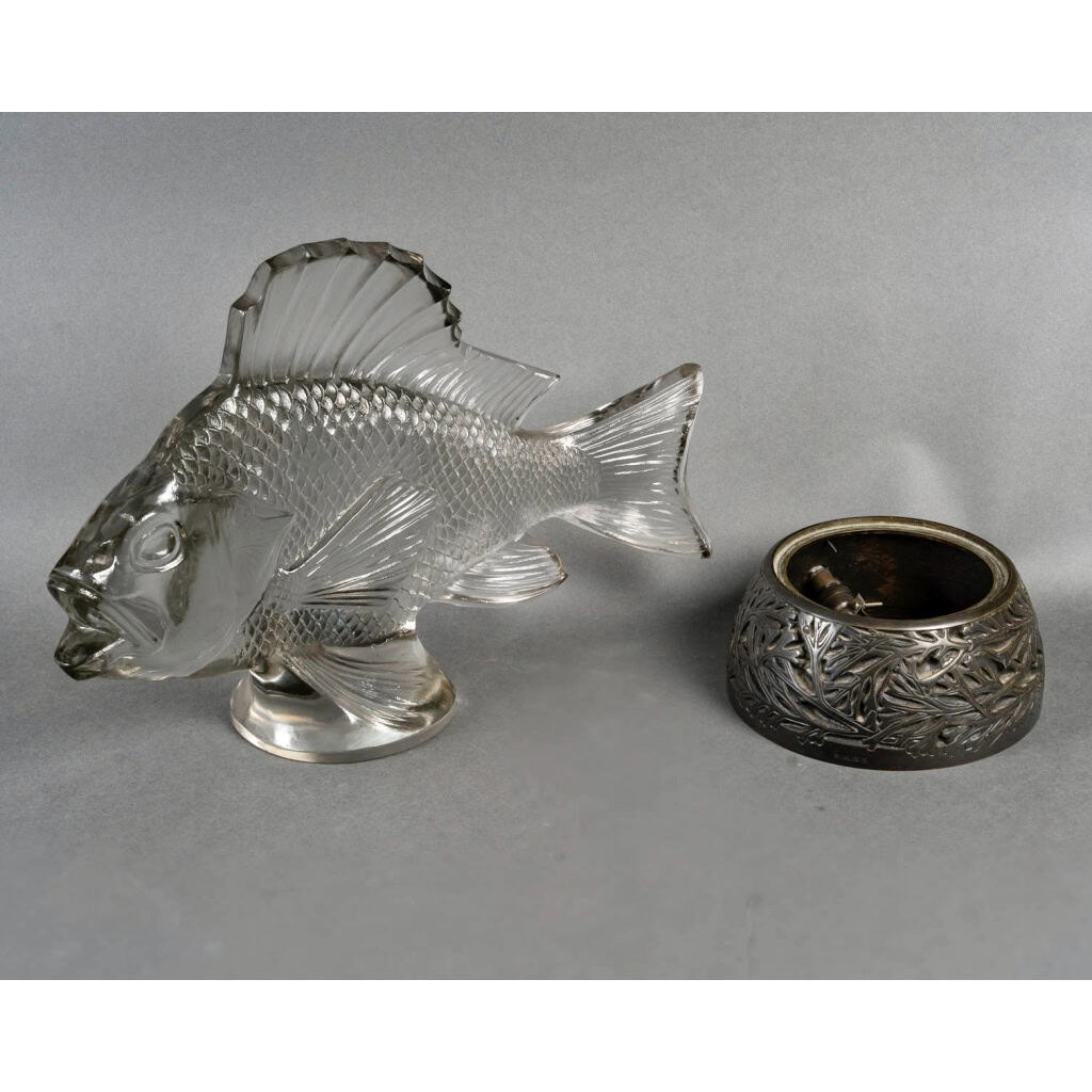 1922 René Lalique – Statue Décoration Gros Poisson Algues Verre Blanc – Base en Bronze 5