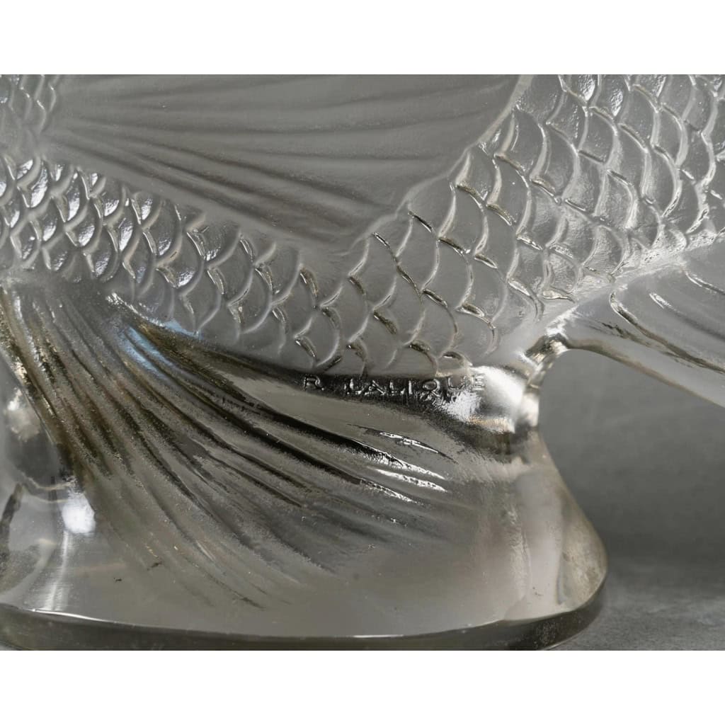 1922 René Lalique – Statue Décoration Gros Poisson Algues Verre Blanc – Base en Bronze 9