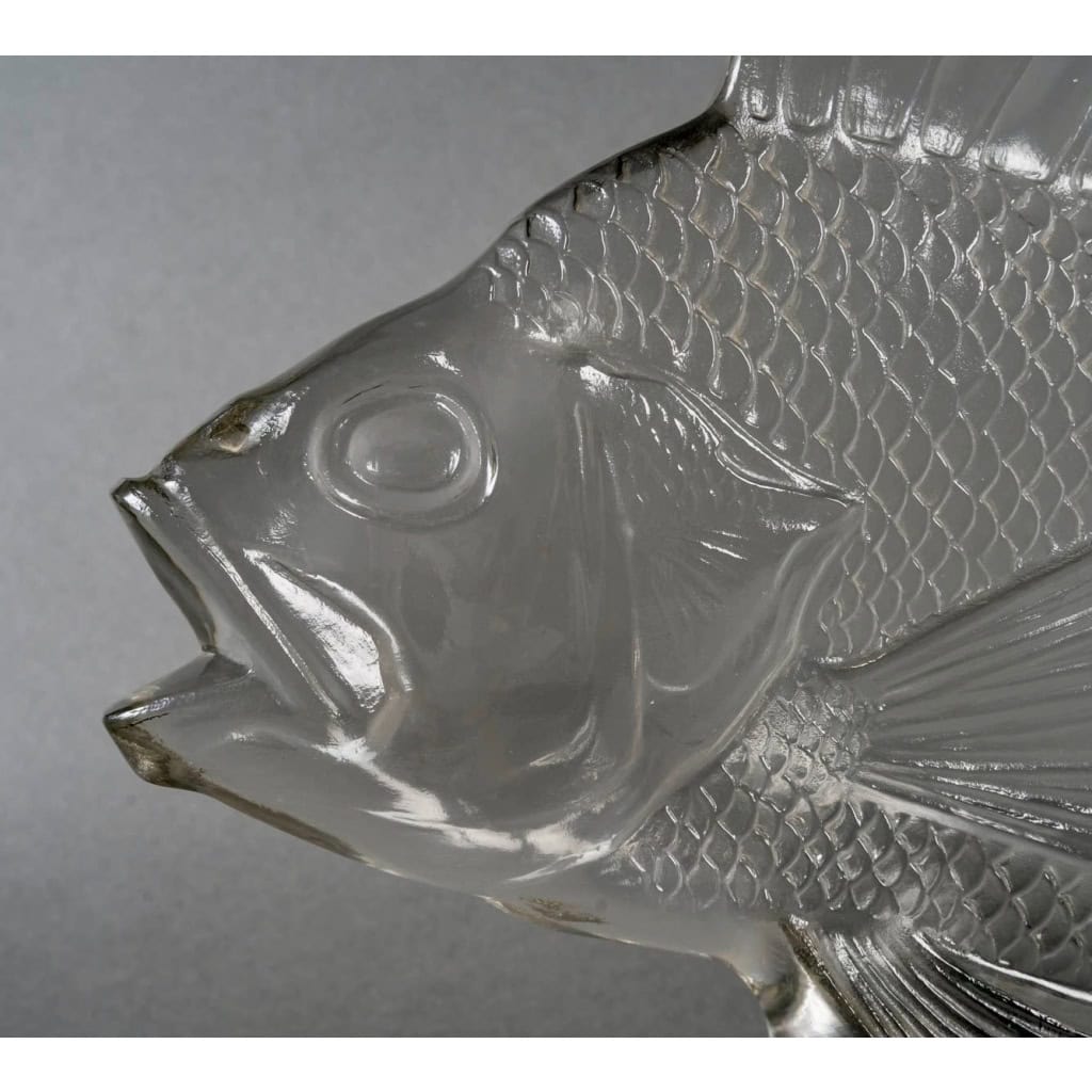 1922 René Lalique – Statue Décoration Gros Poisson Algues Verre Blanc – Base en Bronze 7