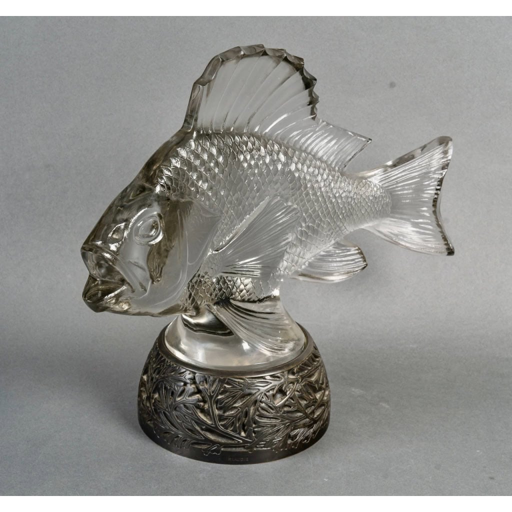 1922 René Lalique – Statue Décoration Gros Poisson Algues Verre Blanc – Base en Bronze 4