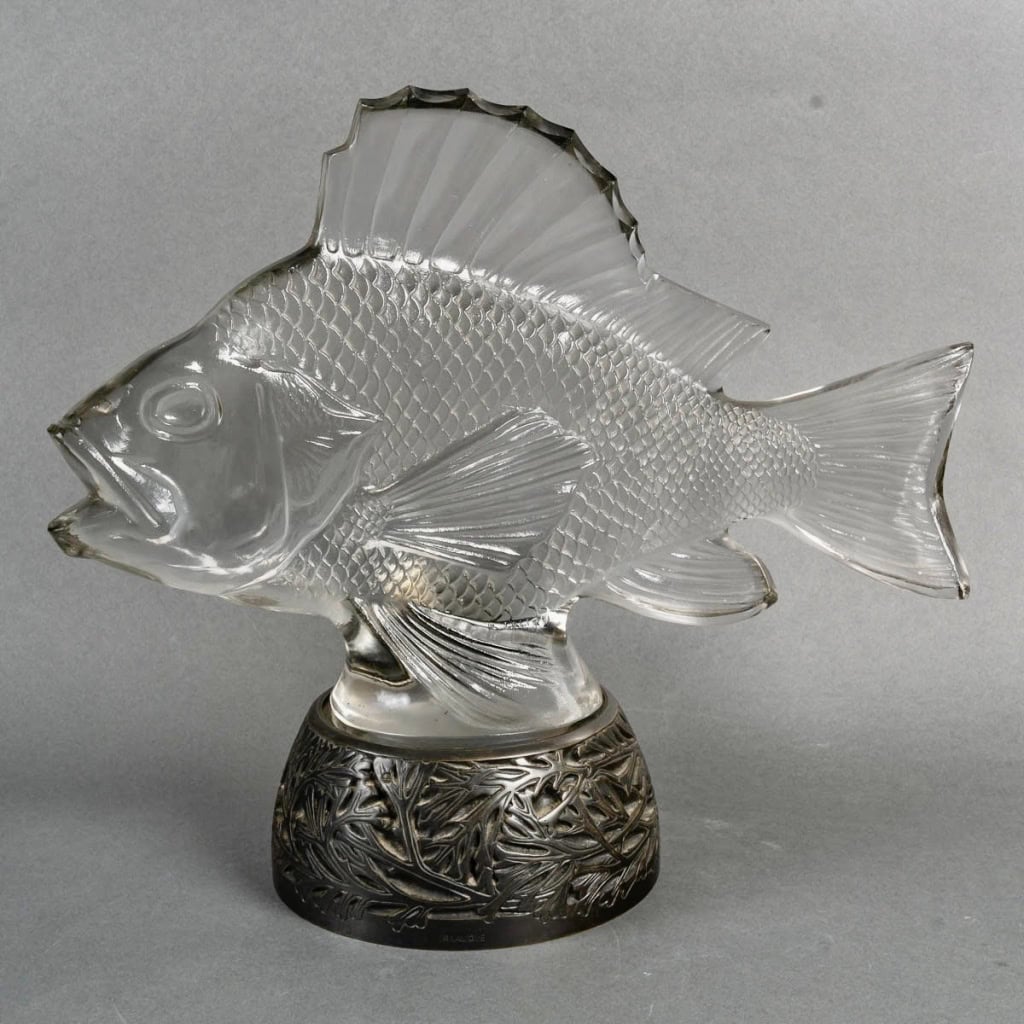 1922 René Lalique – Statue Décoration Gros Poisson Algues Verre Blanc – Base en Bronze 3