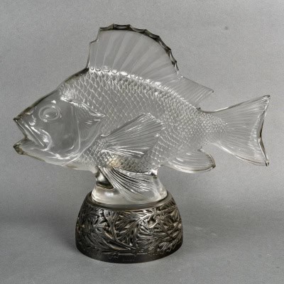 1922 René Lalique – Statue Décoration Gros Poisson Algues Verre Blanc – Base en Bronze