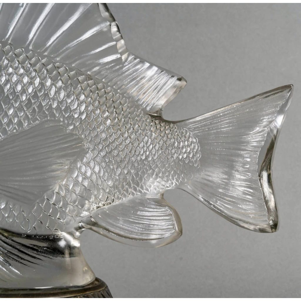 1922 René Lalique – Statue Décoration Gros Poisson Algues Verre Blanc – Base en Bronze 8
