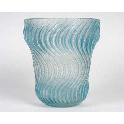 1934 René Lalique – Vase Art Déco Actinia Verre Blanc Patiné Bleu