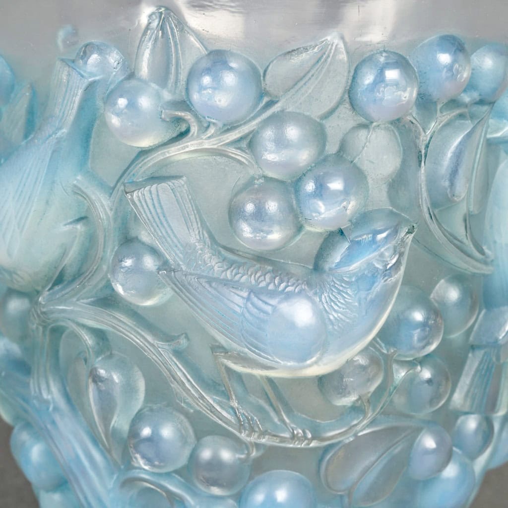 1927 René Lalique – Vase Avallon Verre Opalescent Patiné Bleu 7