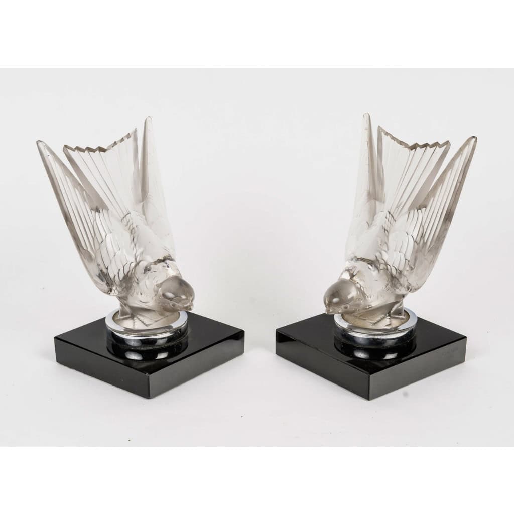 1928 René Lalique – Paire De Serre Livres Mascottes Hirondelle Verre 3