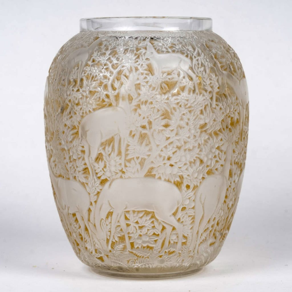 1932 René Lalique – Vase Biches Verre Blanc Patiné Sépia 3