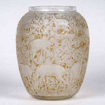 1932 René Lalique – Vase Biches Verre Blanc Patiné Sépia