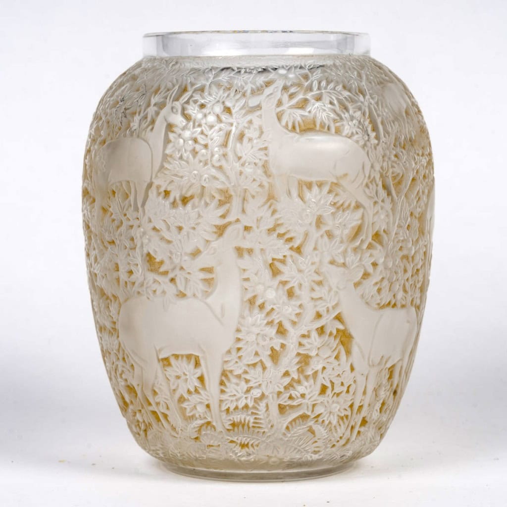 1932 René Lalique – Vase Biches Verre Blanc Patiné Sépia 5