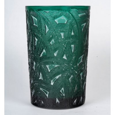 1923 René Lalique – Vase Epicéa Verre Vert Canard Patiné Blanc 3
