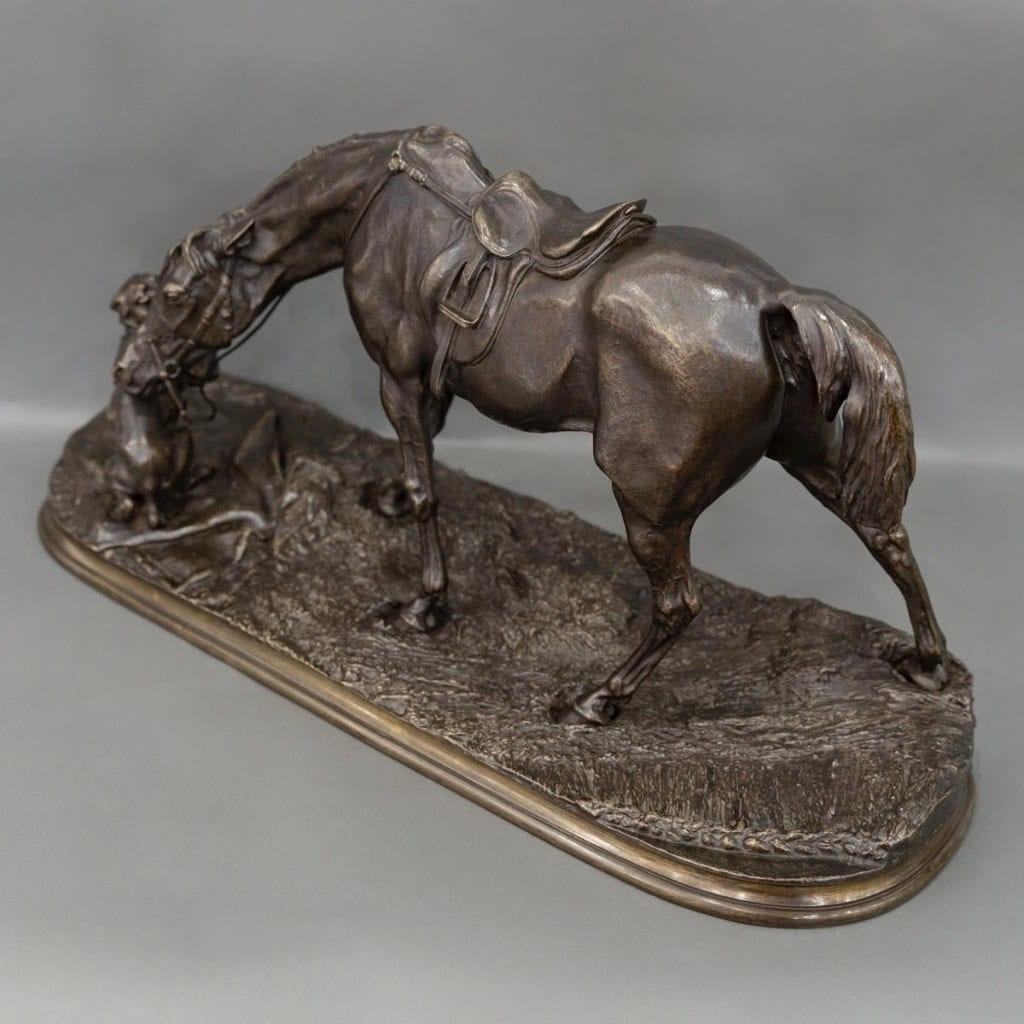 Sculpture – Jument à L’ Écurie Jouant Avec Un Chien , Pierre – Jules Mêne (1810-1879) – Bronze 7