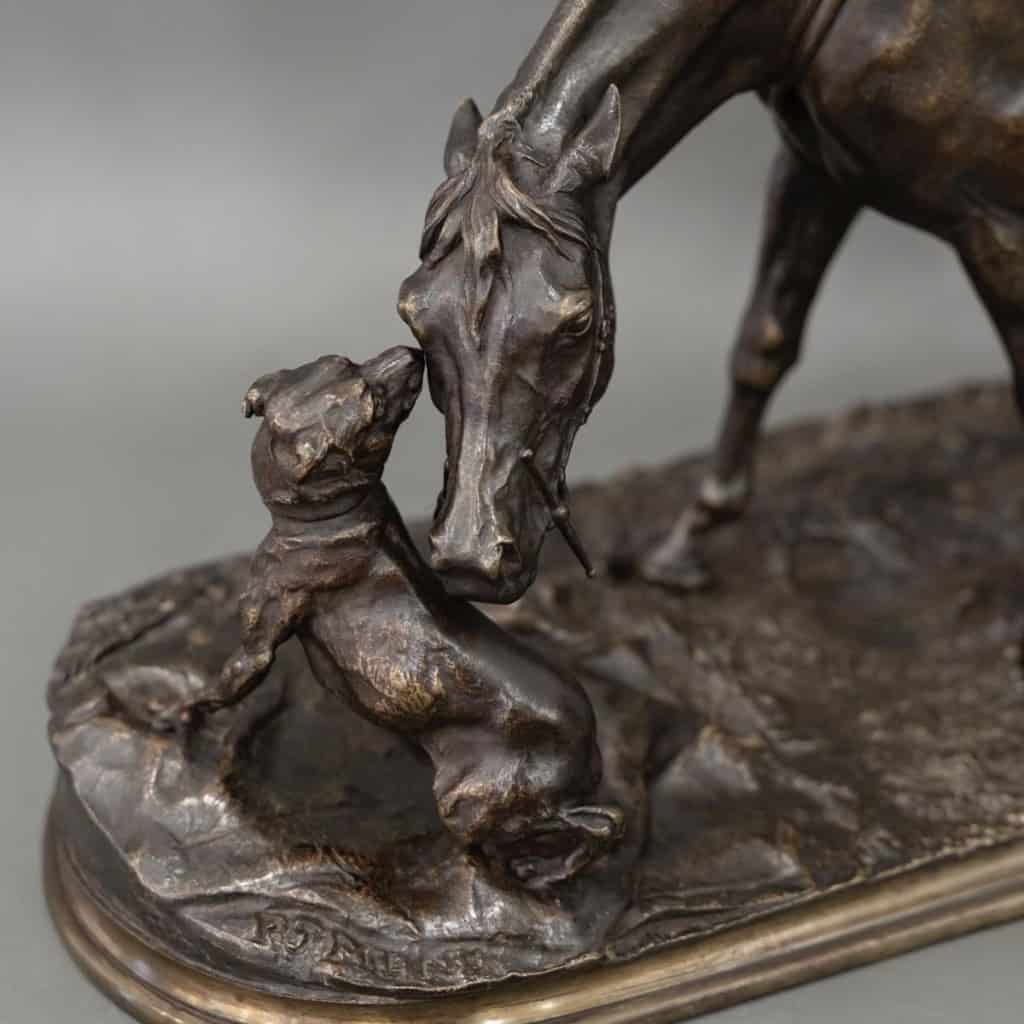 Sculpture – Jument à L’ Écurie Jouant Avec Un Chien , Pierre – Jules Mêne (1810-1879) – Bronze 11