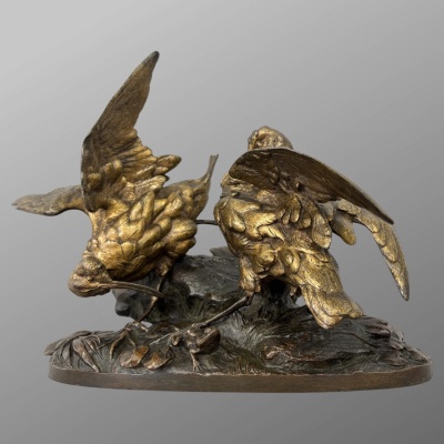 Sculpture – Groupe De Bécasses À La Grenouille , Léon Bureau (1866-1906) – Bronze 3