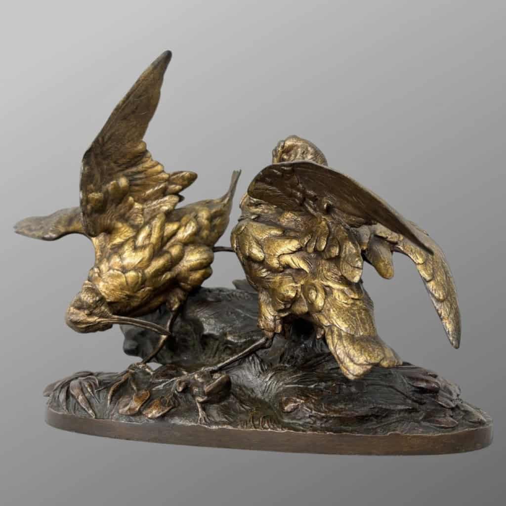 Sculpture – Groupe De Bécasses À La Grenouille , Léon Bureau (1866-1906) – Bronze 4