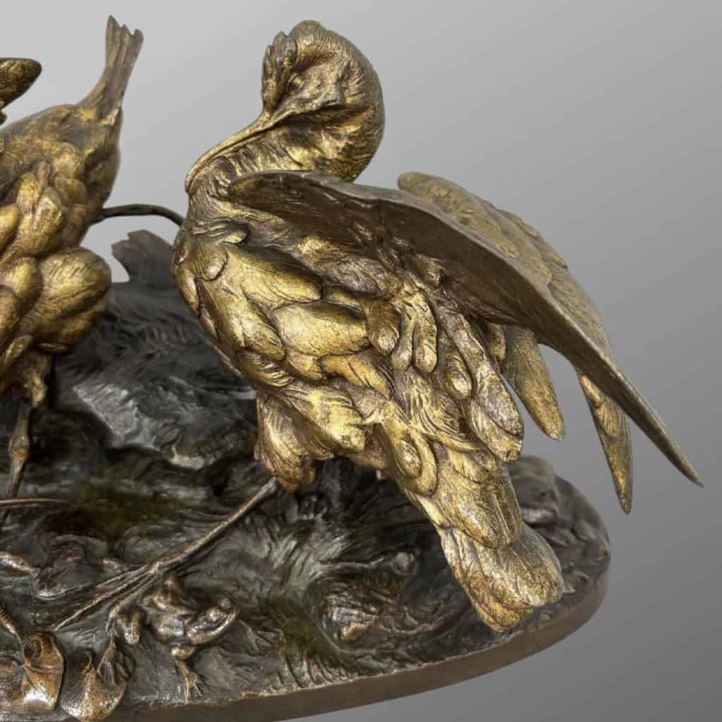 Sculpture – Groupe De Bécasses À La Grenouille , Léon Bureau (1866-1906) – Bronze 5