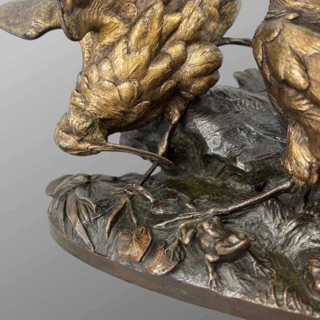 Sculpture – Groupe De Bécasses À La Grenouille , Léon Bureau (1866-1906) – Bronze 7