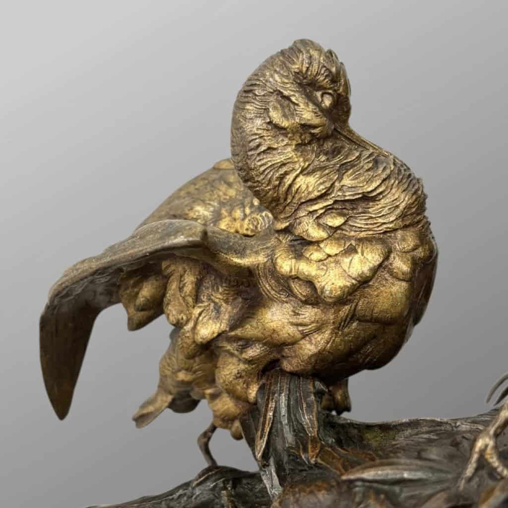 Sculpture – Groupe De Bécasses À La Grenouille , Léon Bureau (1866-1906) – Bronze 8