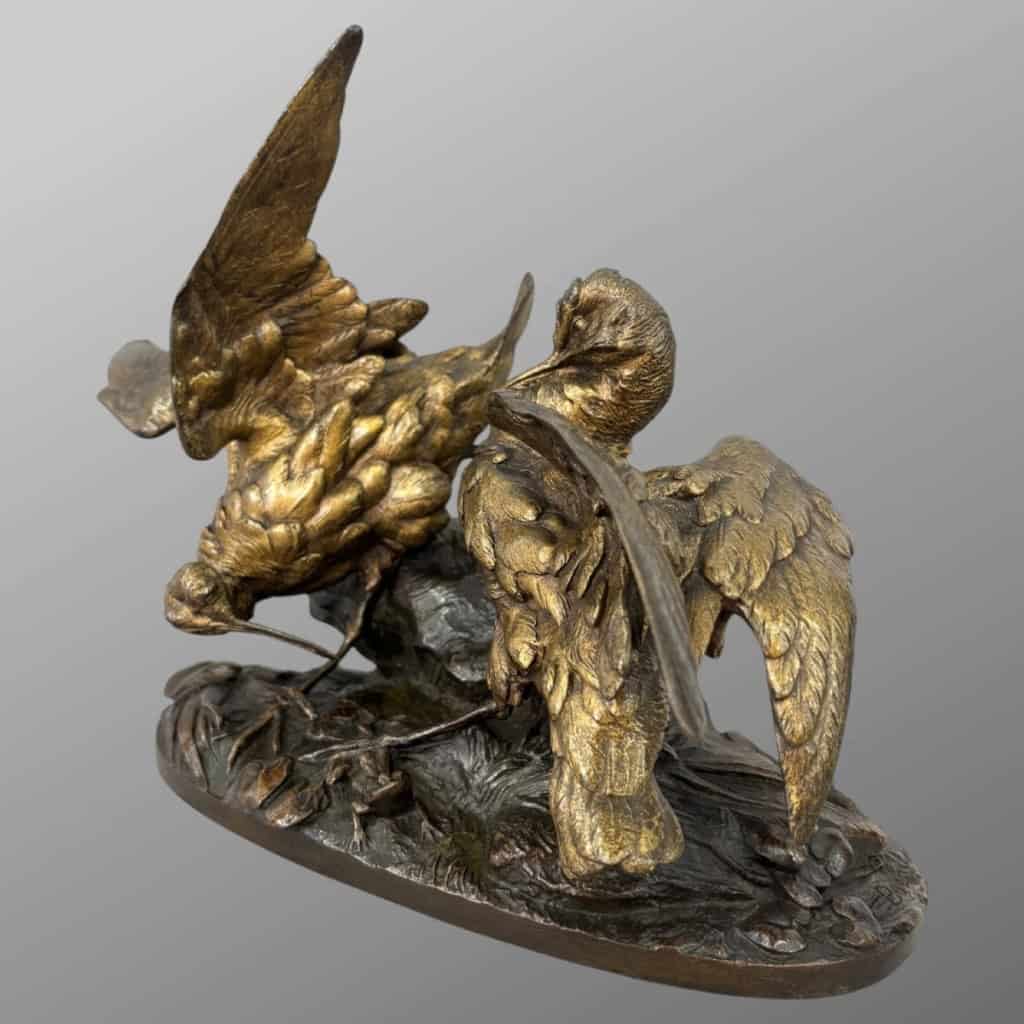 Sculpture – Groupe De Bécasses À La Grenouille , Léon Bureau (1866-1906) – Bronze 9