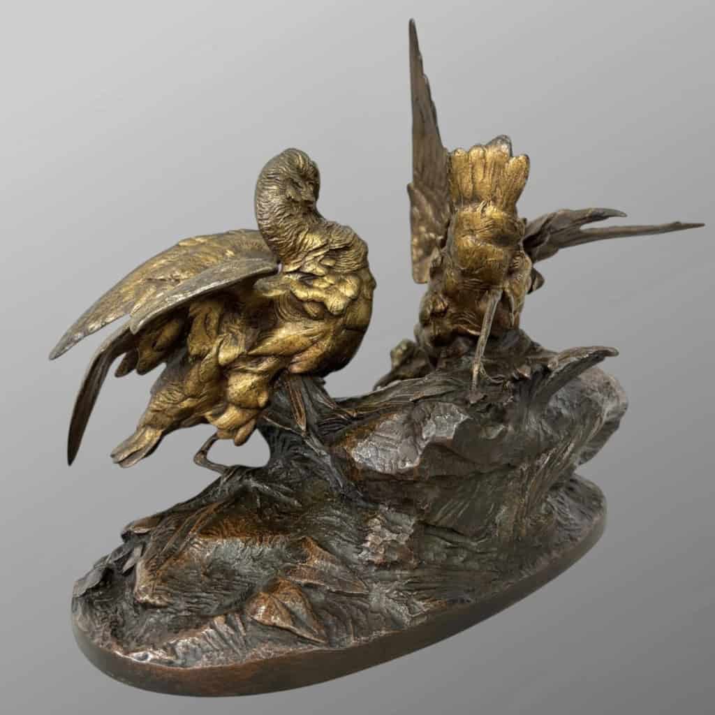 Sculpture – Groupe De Bécasses À La Grenouille , Léon Bureau (1866-1906) – Bronze 11