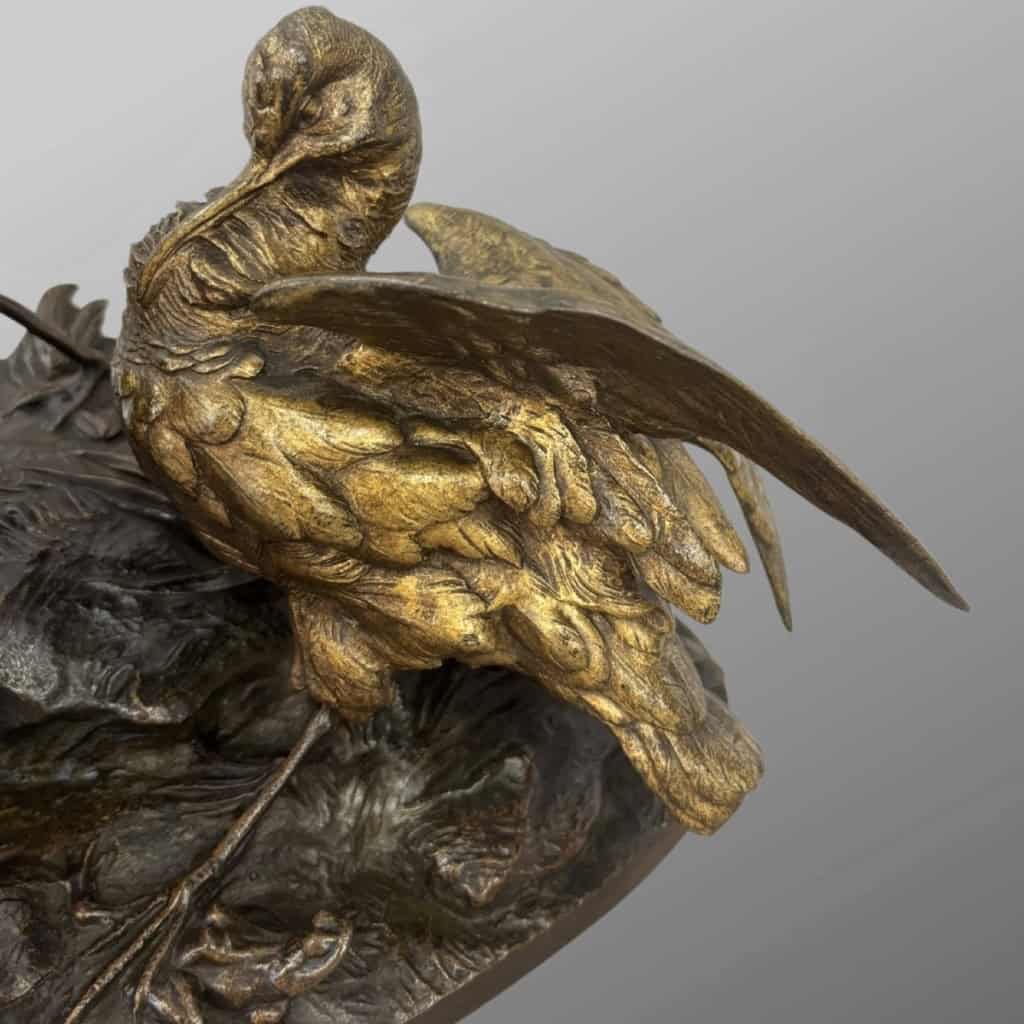 Sculpture – Groupe De Bécasses À La Grenouille , Léon Bureau (1866-1906) – Bronze 13