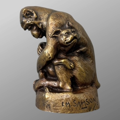 Sculpture – Singe et Chien , Emmanuel Samson (1860-1926) – Bronze