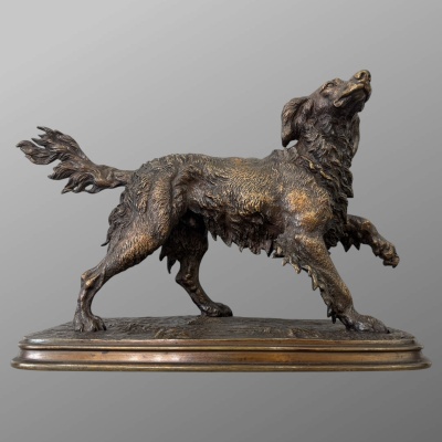 Sculpture – Chien Épagneul À L’ Affût , Ferdinand Pautrot (1832 – 1874) – Bronze