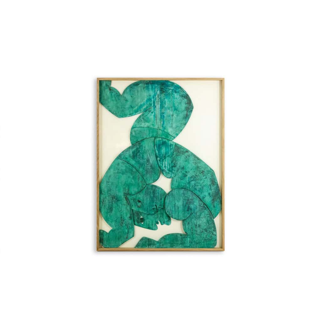 ‘Les Jumeaux’, bas-relief encadré de chêne en bois et cuivre patiné LS64863009P 3