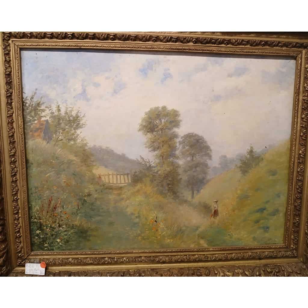 Tableau signé, huile sur toile, école de Barbizon  » femme à l’ombrelle » 3