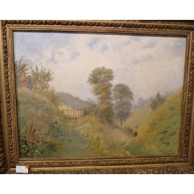 Tableau signé, huile sur toile, école de Barbizon  » femme à l’ombrelle » 3