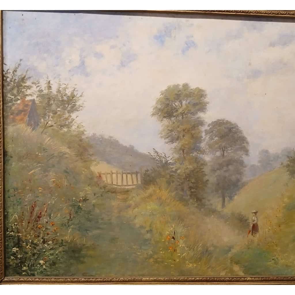 Tableau signé, huile sur toile, école de Barbizon  » femme à l’ombrelle » 7