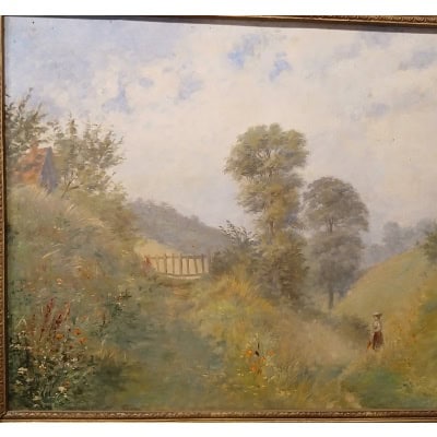 Tableau signé, huile sur toile, école de Barbizon  » femme à l’ombrelle »