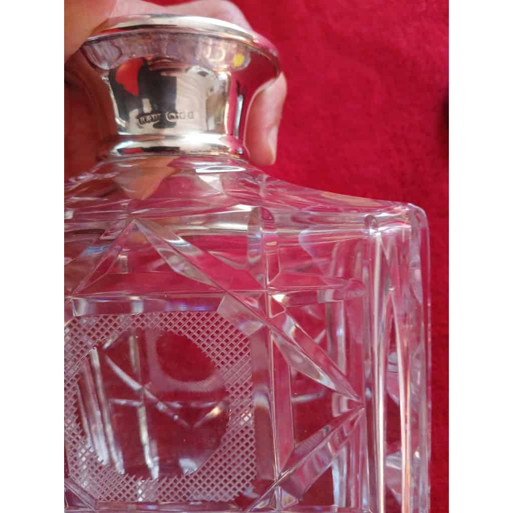 Carafe à whisky rectangulaire en cristal col monture argent anglais 5