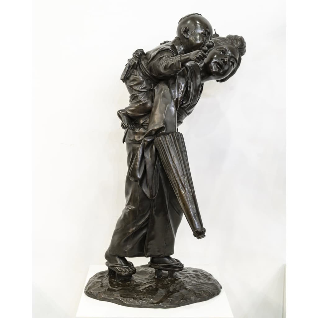 Groupe En Bronze , Femme Et Enfant , Japon – Période Meiji 6