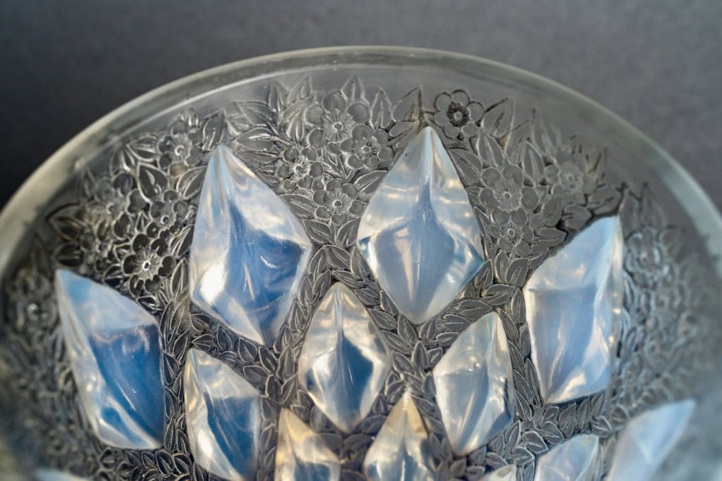 1927 René Lalique – Vase Rampillon Verre Opalescent Patiné Gris 8
