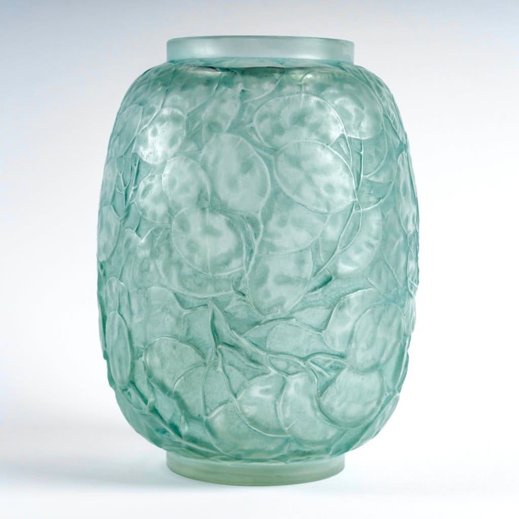 1914 René Lalique – Vase Monnaie Du Pape Verre Blanc Patiné Bleu Vert 3