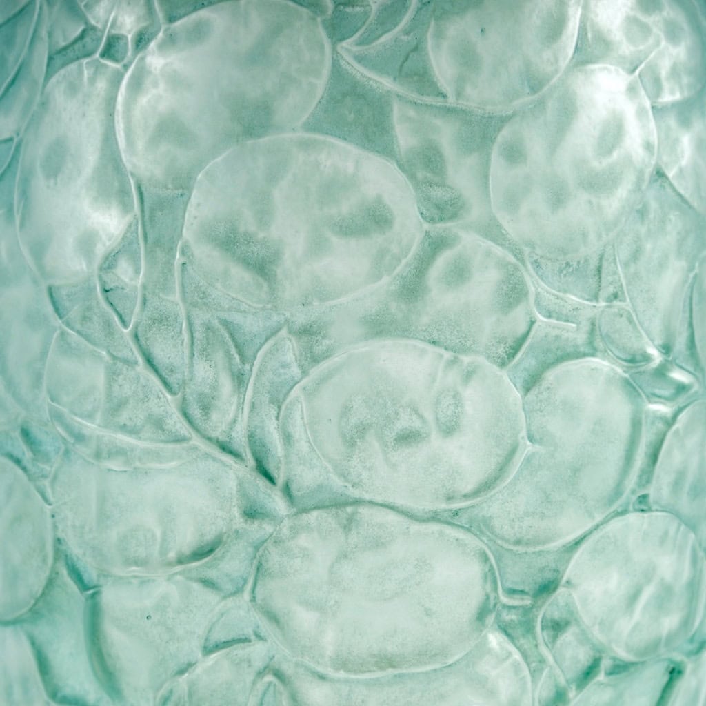 1914 René Lalique – Vase Monnaie Du Pape Verre Blanc Patiné Bleu Vert 5