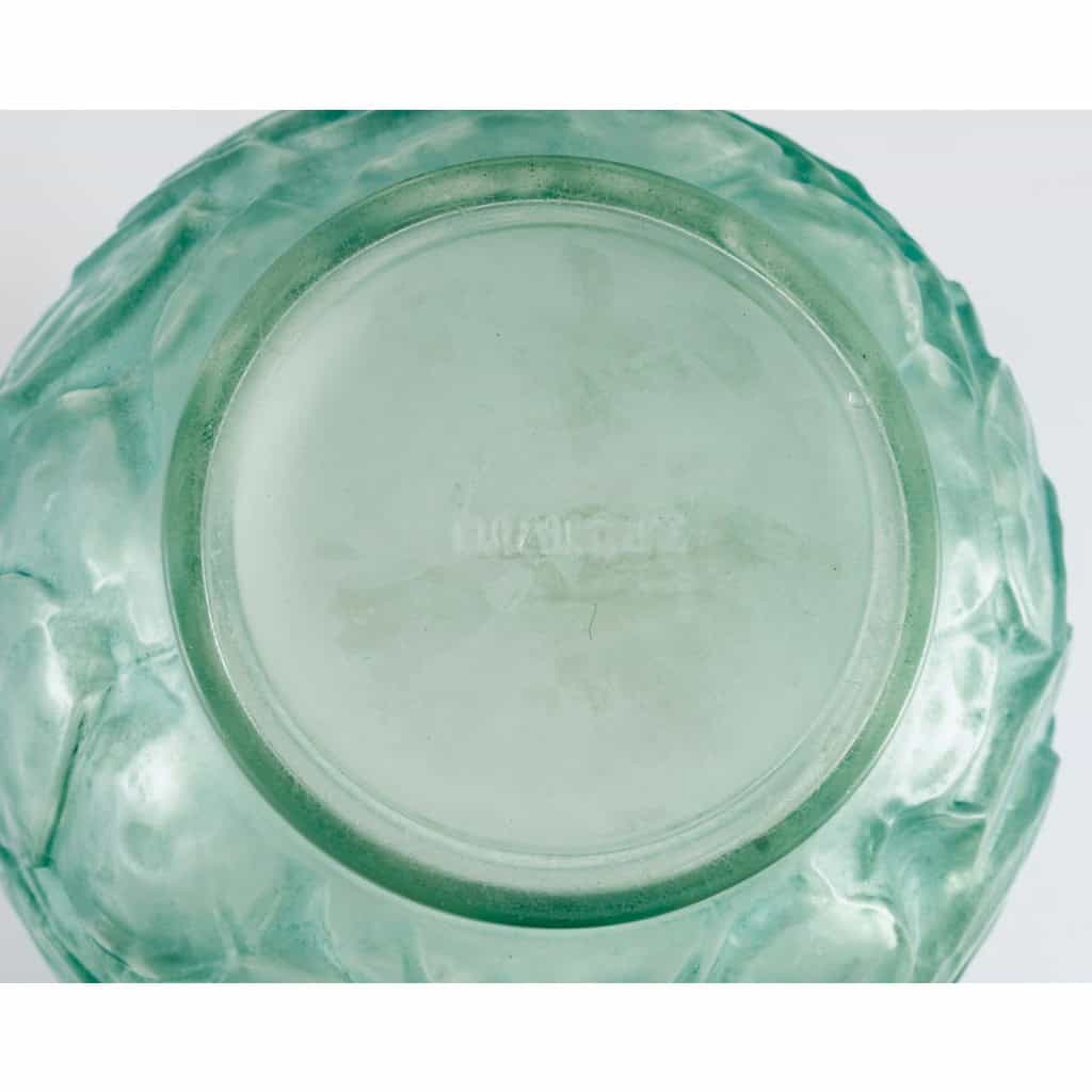 1914 René Lalique – Vase Monnaie Du Pape Verre Blanc Patiné Bleu Vert 7