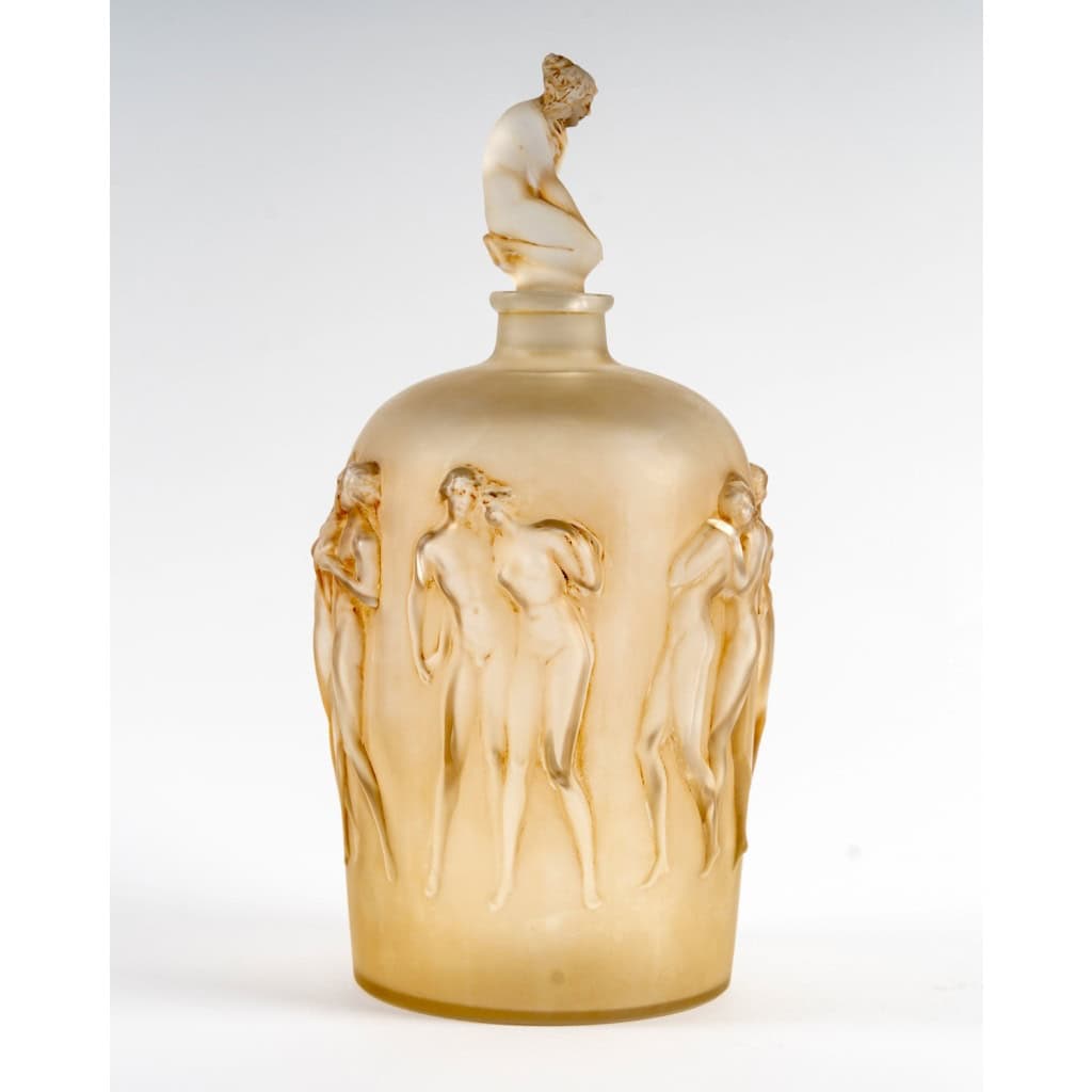 1920 René Lalique – Vase 12 Douze Figurines avec Bouchon Verre Blanc Patiné Sépia 5
