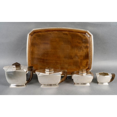 Tétard Frères – Art Deco Moderniste Service Thé Café Argent Massif et Palissandre 3