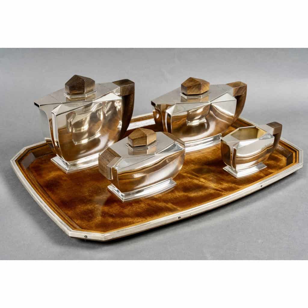 Tétard Frères – Art Deco Moderniste Service Thé Café Argent Massif et Palissandre 6