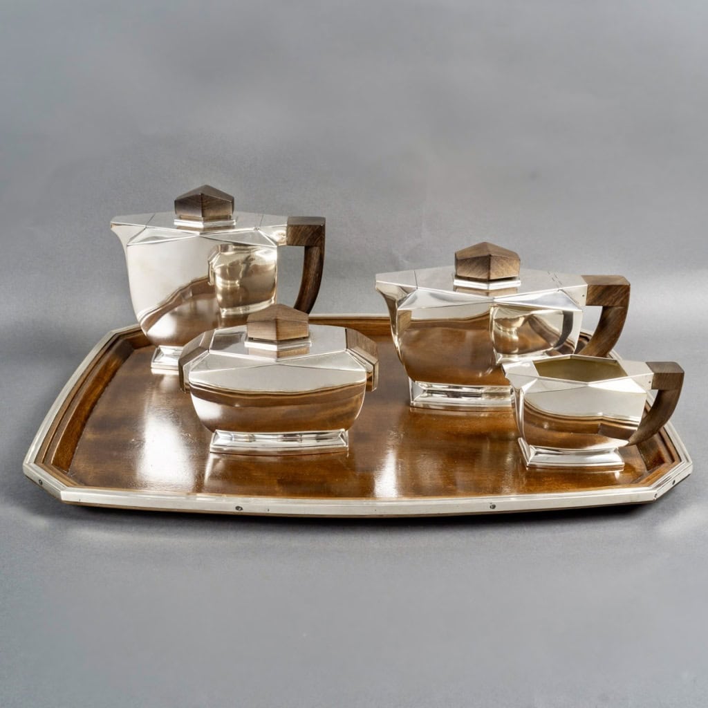 Tétard Frères – Art Deco Moderniste Service Thé Café Argent Massif et Palissandre 8